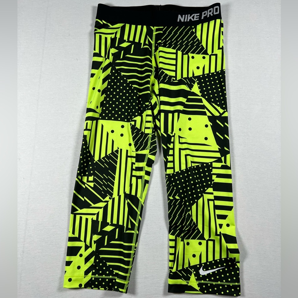 Nike Pro Dri Fit Capri Leggings Black And Neon Yellow Geometric Women Size M